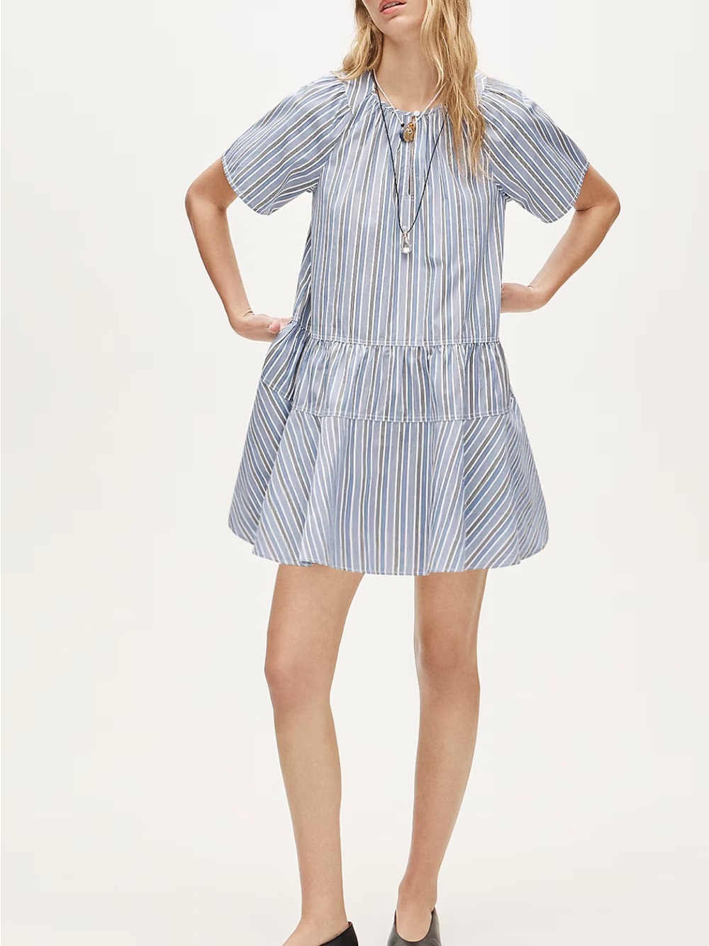 J.Crew Tiered popover dress in striped cotton poplin Striped Mini Dress in Blue